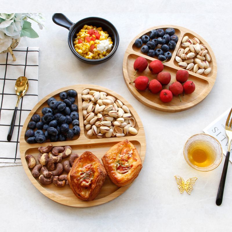 8 Inches Bamboo Round Grid Plate Three Grid Plate Western Food Round Dessert Snack Fruit Dried Fruit Plate Home Decoration