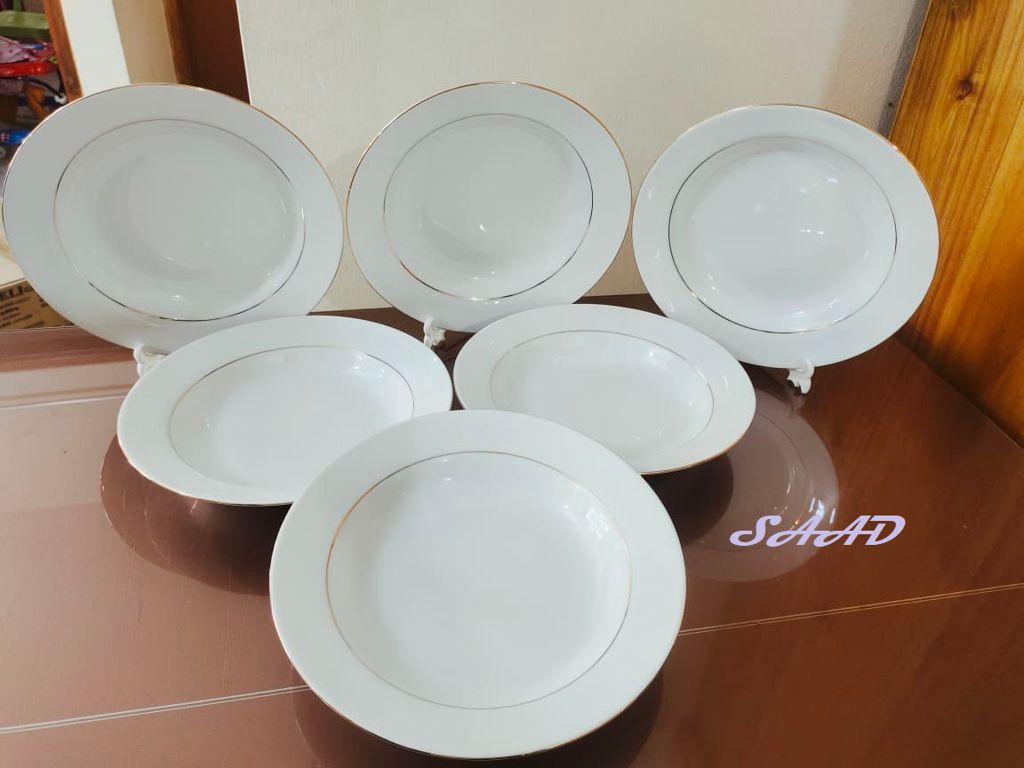2 Pcs Deep Dinner Plate set 9 Inch, Everyday Use Rice Dinner Plate. Deep Rice Dinner Plate, White Color With Golden Line print. Microwave oven save,Dishwasher Save.