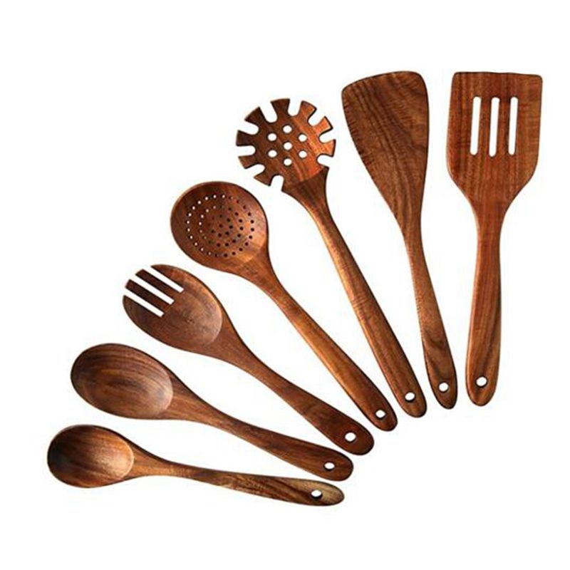 Wooden Kitchen Cooking Utensils, 7 Pcs Wooden Spoons and Spatula for Cooking Cookware for Kitchen Decor