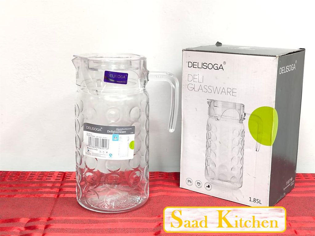 Crystal Clear Glass Water Jug And Juice Jug And Pitcher With Lid. Water Glass Jug juice jar 1.85 Liters.  Round Ball Design.