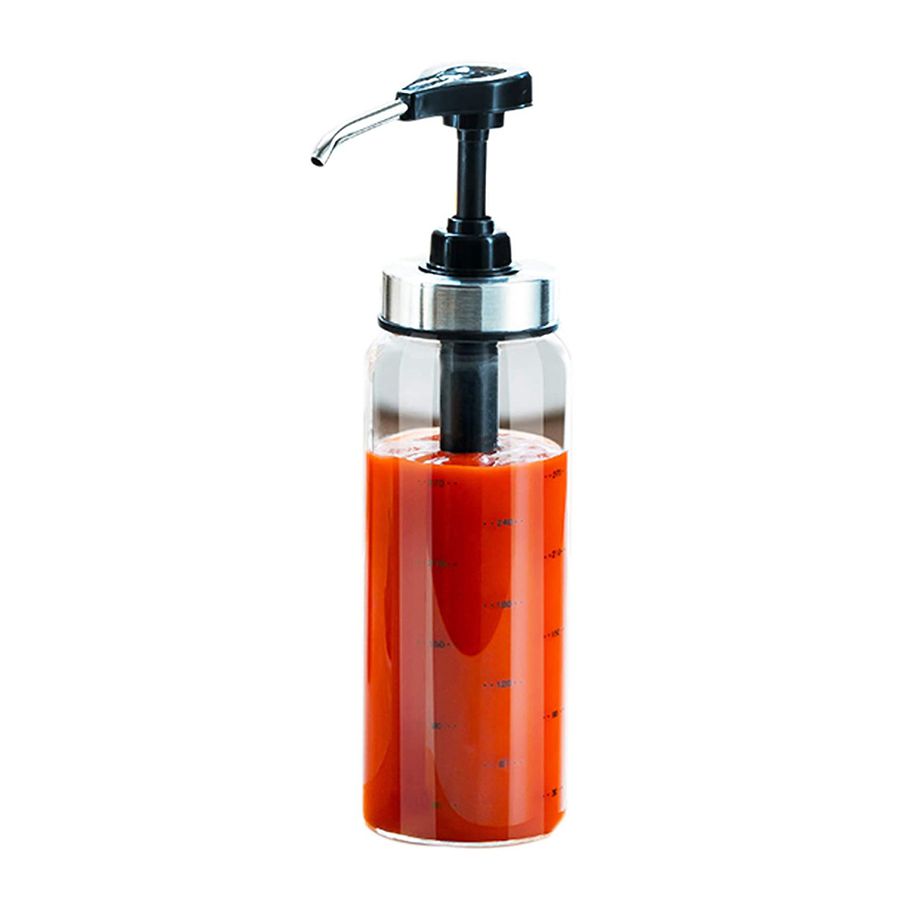 Sauce Pump Dispenser with Glass Bottle Leakproof Kitchen Condiment Dispenser for Honey Ketchup Mustard Mayo