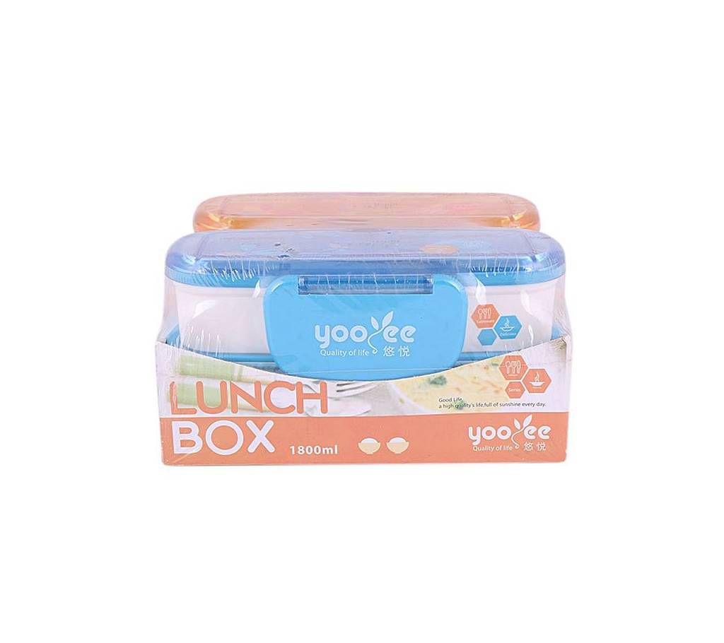 Plastic 2 Pieces Lunch Box - White and Sky Blue and orange