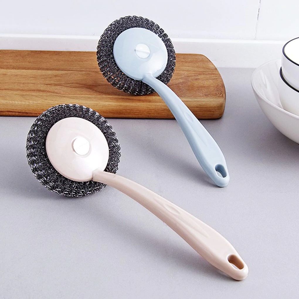 Stainless Steel Wire Ball Brush With Long Handle Kitchen Hanging cleaning brush pan Kitchen Dish handle Washing Tool