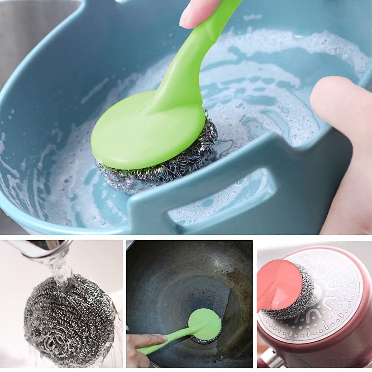 8 Pcs stainless steel Scrubber Long Handle Replaceable Cleaning Washing Brush