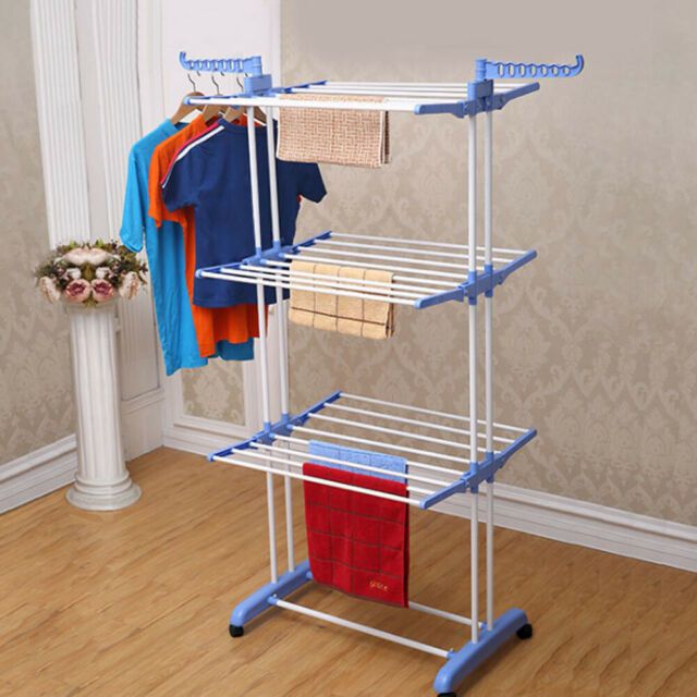 3 Tier Foldable Drying Rack Cloth Laundry Hanger - Silver and Blue