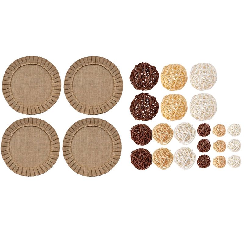 21 Pcs/Lot Mixed 3 Colors Rattan Balls Vase Fillers(3cm/5cm/7cm) & 4x Rustic Farmhouse Burlap Round Placemats