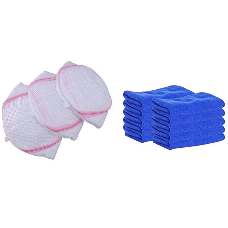 3 Pcs Laundry Nets 15cm H X 17cm Dia (White + Pink) & 10 Pcs Ultra-Fine Fiber Square Cleaning Absorbent Towel