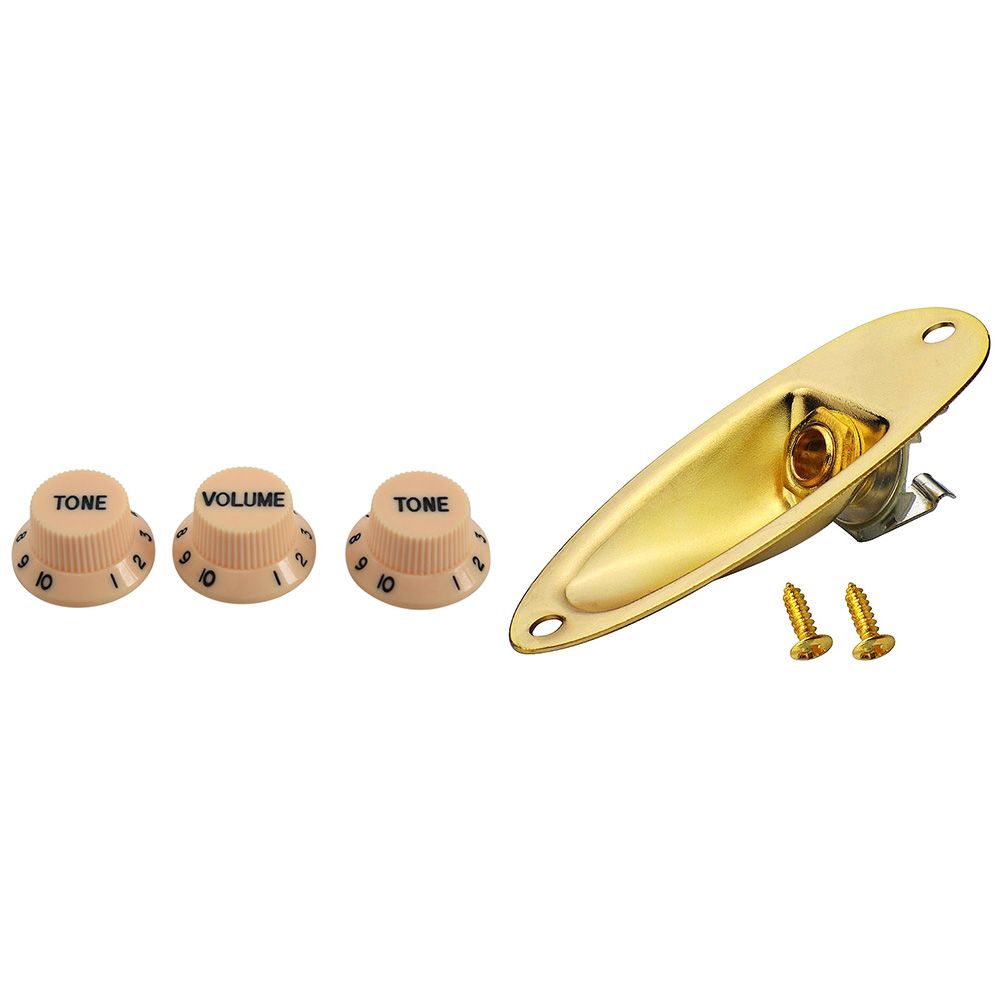 1set Cream Dark Blue Font 1 Volume & 2 Tone Guitar Control Knobs & 1Pcs Boat Output Input Jack Plate Sockets