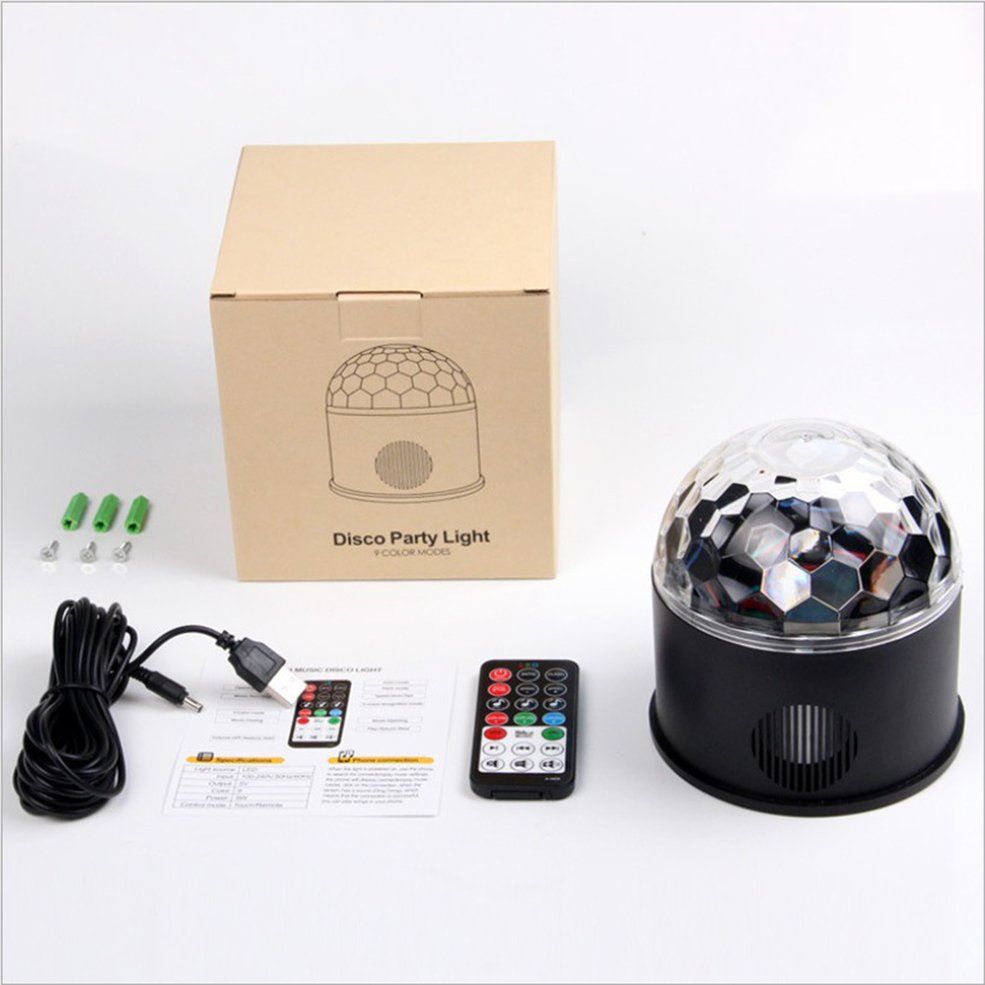 9 Color LED Speaker Stage Lights Rotating Crystal Magic Ball Light-Black
