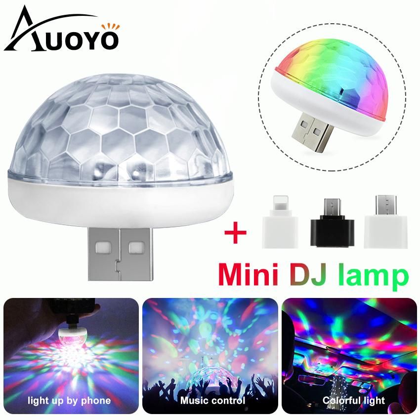 Auoyo Mini Disco Ball Party Lights L-ED Magic Stage Light Sound Activated Mini USB Car Bulb 4W Colorful Light