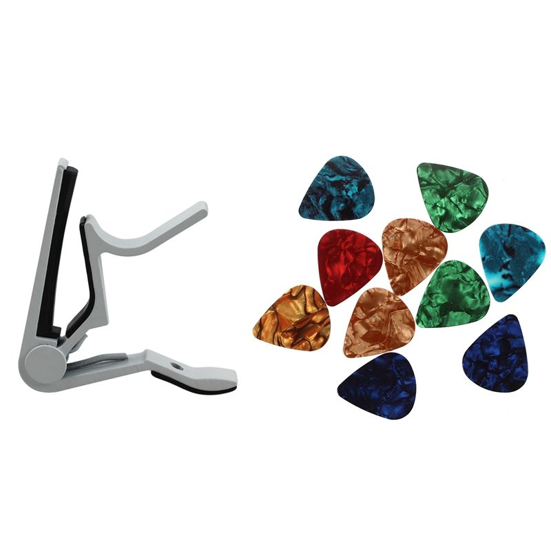 1Pcs White-Handed Guitar Capo Clip Trigger with Quick Change & 10 Pcs Stylish Colorful Celluloid Guitar Pick 0.71mm