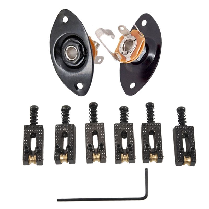 Harmony 1x Oval Indented Guitar Jack Plate 30 BK Oval Indented Guitar Jack Plate & 6 Roller Bridge Tremolo Saddles with Wrench