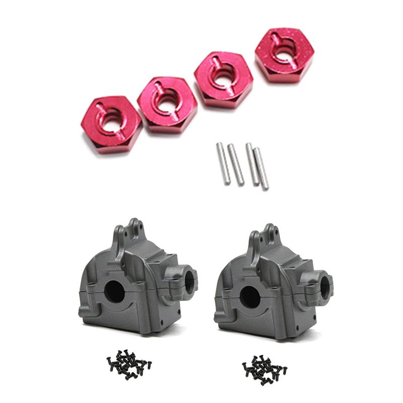 BRADOO- 4x Metal Combiner,Red & 2x Metal Wave Box Gear Box Shell Cover Differential Housing 144001-1254 for Wltoys 144001 1/14
