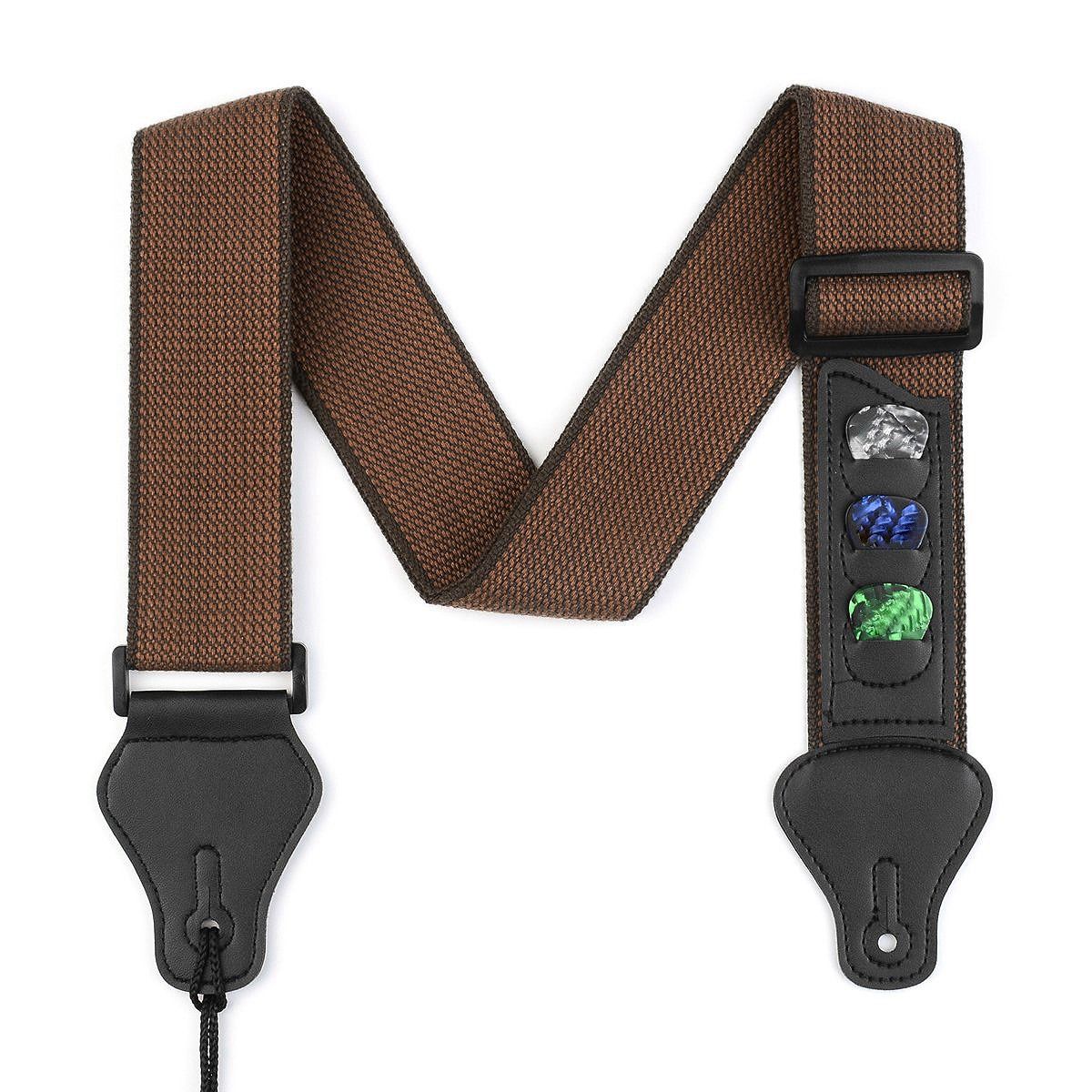 Guitar Strap with 3 Pick Holders 100% Soft Cotton Strap for Bass Electric & Acoustic Guitars (Coffee)