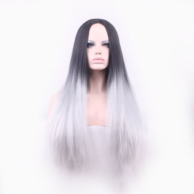 Women Straight Synthetic Wig Glueless Two Tone Natural Black/Grey Gradient Heat Resistant Hair Wigs