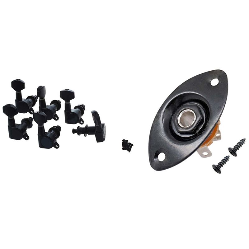 6Pcs Sealed Guitar String Tuning Pegs Tuners Machine Heads & 1 Pcs Oval Indented Guitar Jack Plate Socket Black