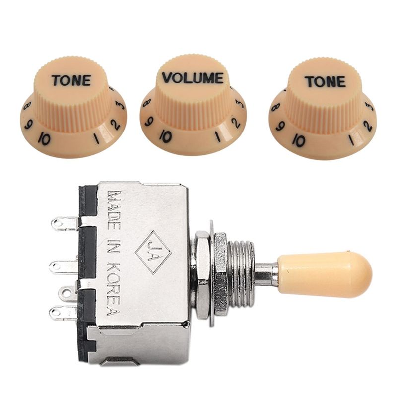 New Cream Dark Blue Font 1 Volume& 2 Tone Guitar Control Knobs for Fender Strat & Solid Knob Shaft Box Style Les Paul Sg 3 Way Pickup Selector Toggle Switch, Beige Tip