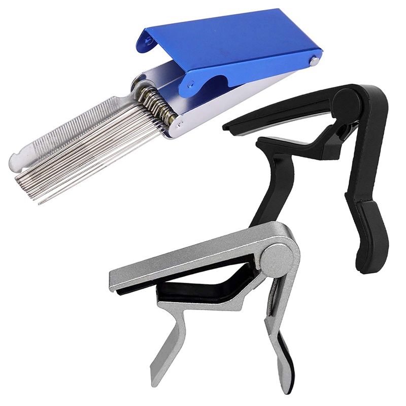 BRADOO- Guitar Nut Bridge File Set Luthiers Tool Box 13 Sizes of Files 1 Flat File with 2 Capo Kapo Guitar Triggers