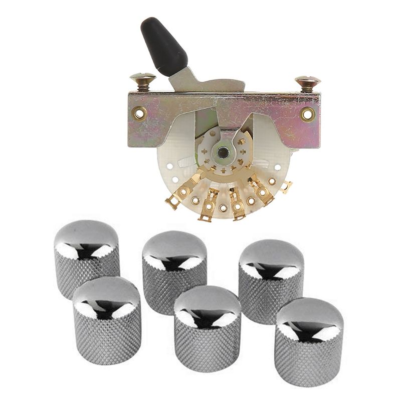 BRADOO- 7 Pcs Musical Accessories:6 Pcs Electric Guitar Bass Volume Knob Chord Cap & 1 Pcs 5 Way Lever Switch Selector