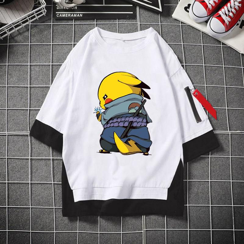 Pokémon Pokemon Pocket Monster Pikachu Sasuke Men and Women Casual Couple Short-sleeved White T-shirt Stitched Fake Two-piece Cotton High Quality