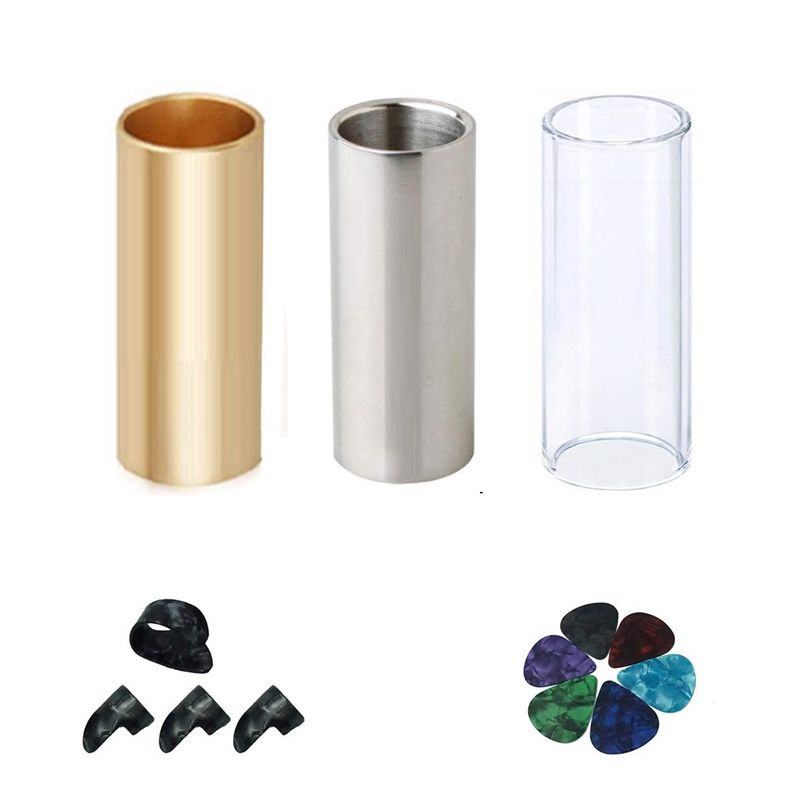 Guitar Slide Set Of 1 Gl Slide, 1 Steel Slide and 1 Br Guitar Slide, 6 Pcs Guitar Picks and 4 Finger Picks