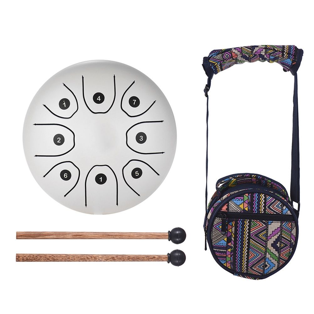 5.5 Inch Mini 8-Tone Steel Tongue Drum C Key Percussion Instrument Hand Pan Drum with Drum Mallets Carry Bag,White