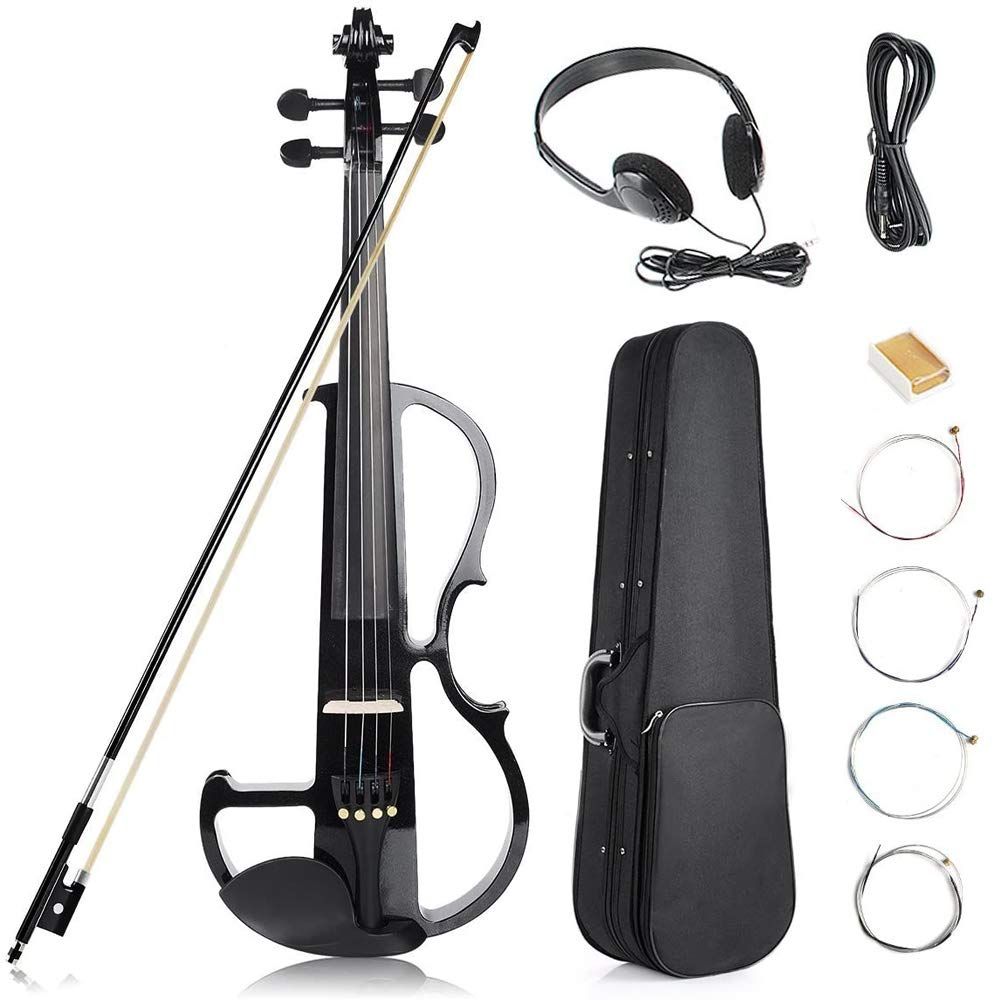 Black Full Size 4/4 Vintage Solid Wood Metallic Electronic Silent Mahogany Violin with Ebony Fittings, Carrying Case, Audio Cable, Rosin, Bow