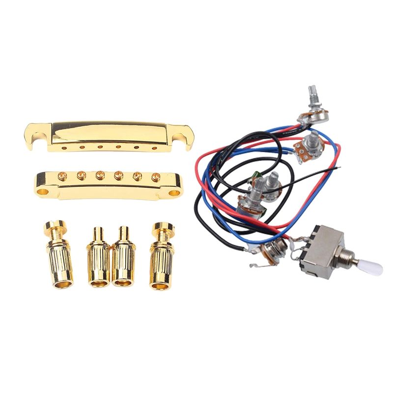 1 Set Gold Plated Guitar Bridge Locking Tune-O-Matic Tom Bridge (Gold) & Lp Electric Guitar Pickups Wiring Harness Kit