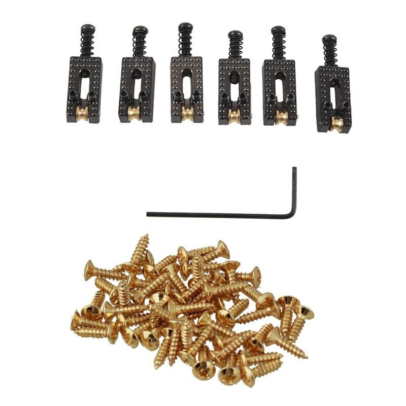 50Pcs Guitar Bass Screws Parts for Scratchplates Pickguard, Gold & 6Pcs Roller Bridge Tremolo Saddles with Wrench Black