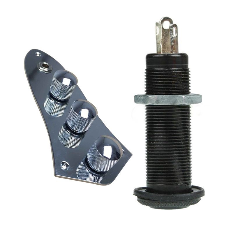 1x Guitar / Bass Cylinder Flush Mount Output Jack - Black & 1 Piece 3 Bands Active Control Plate Assembly Knobs Pots