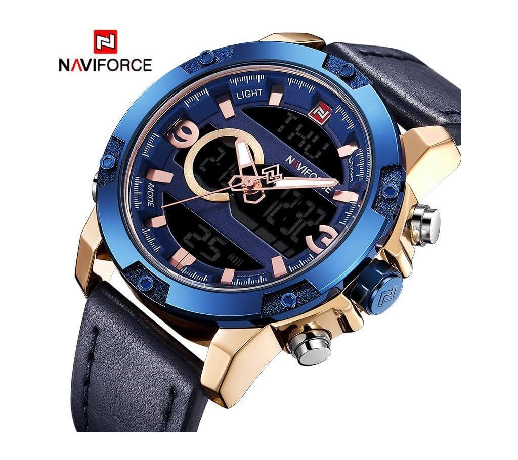 Naviforce Luxury Blue & Gold Dual Time Watch Leather Strap
