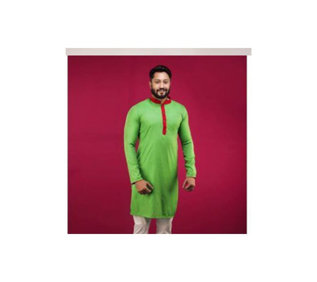 Lime Green with Red Collar Cotton Semi Long Panjabi