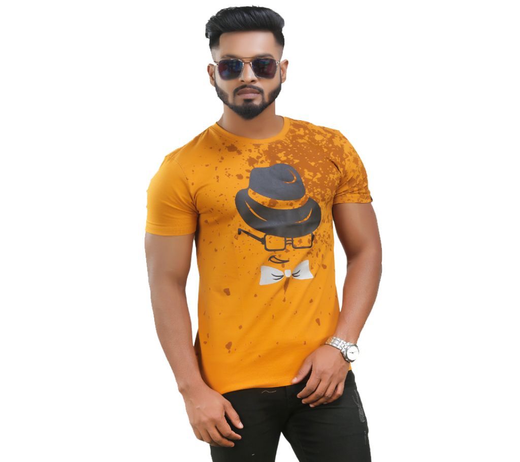 Cap Emoji Print Half Sleeve Cotton Regular Fit Mens Tshirt Deep Yellow