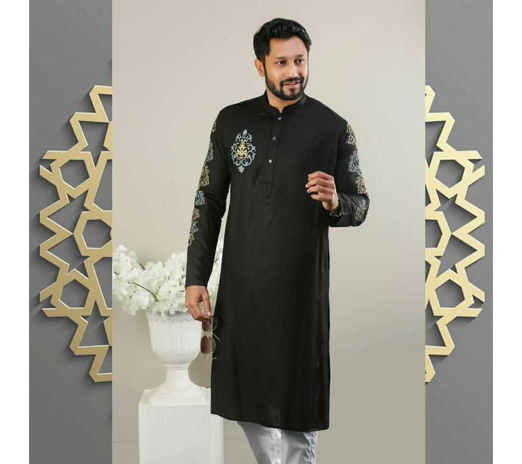 Men's semi long Cotton Punjabi (Black with Design)