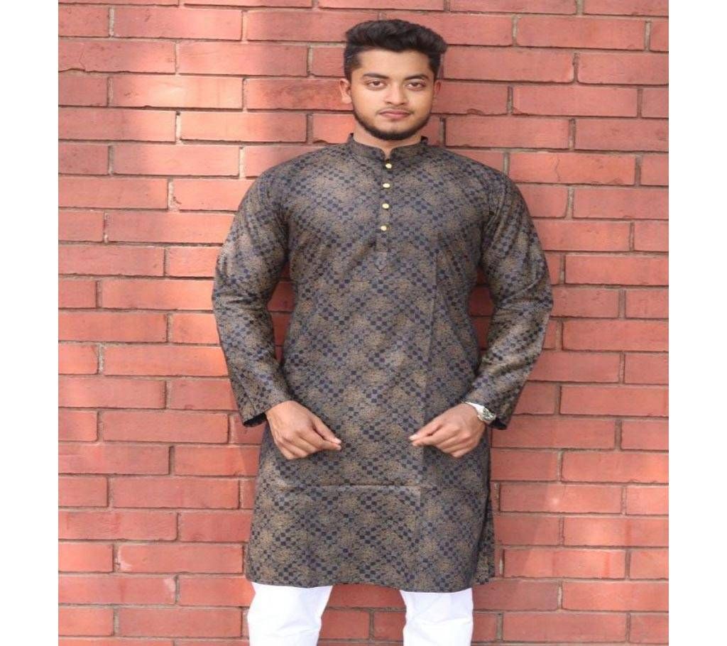 Festive Panjabi Collection - Black Color With Gold Color Flower Print - 190221