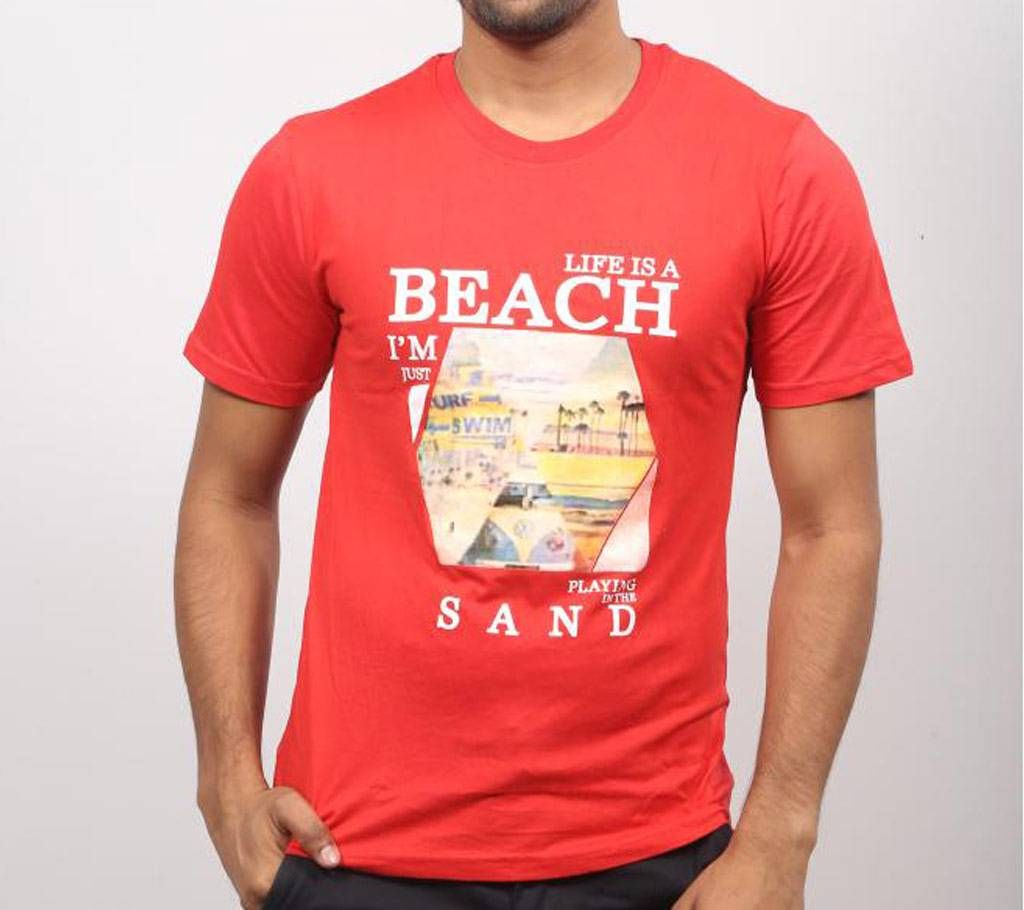 Red round neck cotton t-shirt for men