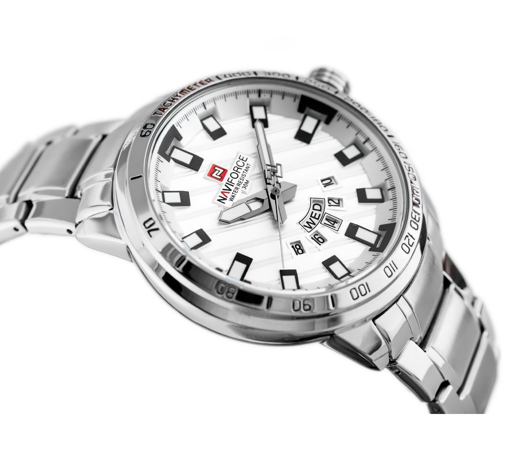 NAVIFORCE 9090 Stainless Steel Band Men Watch - SILVER AND White