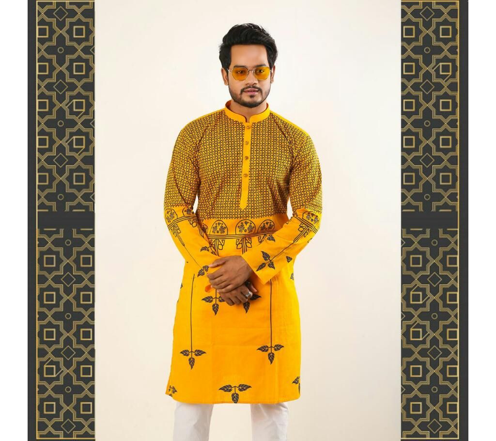 Eid Stylish Semi Long Panjabi Yellow With Black Leaf Design Color