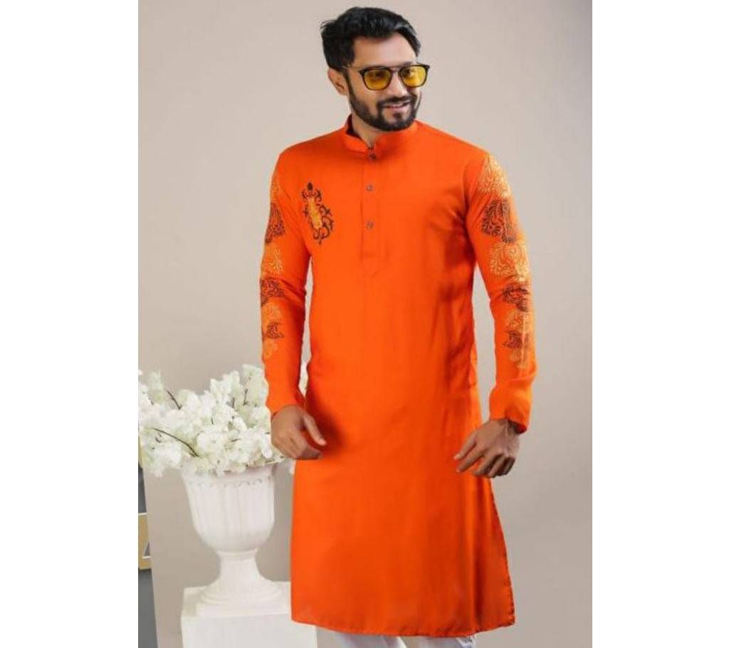 42-Mens Semi Long Panjabi 28-Orange With Design in Hand and Chest