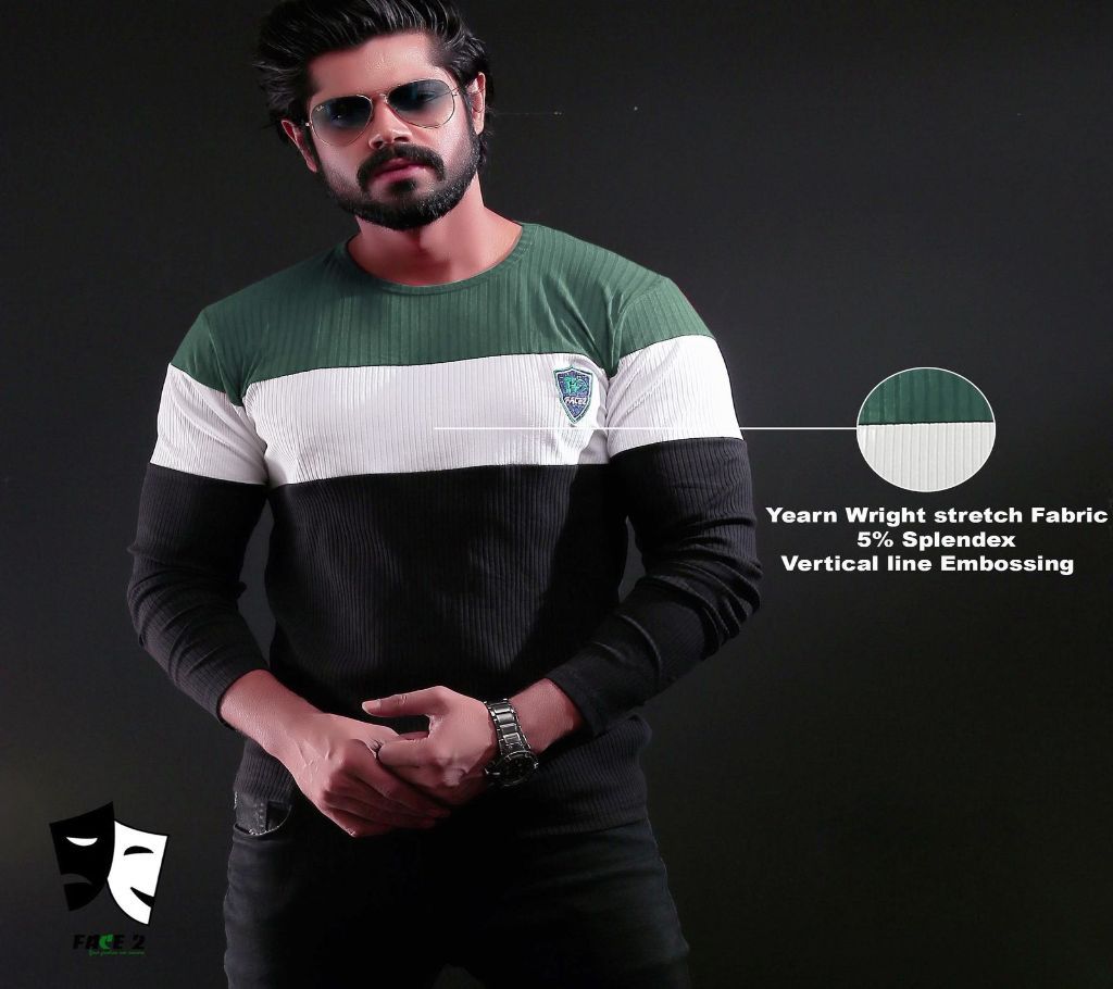 Mens Full Sleeve T-shirt - Green, White and Black Combination