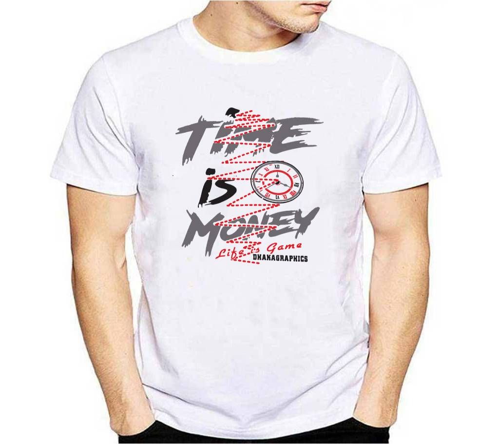 Time is money Half Sleeve Cotton T Shirt-White 