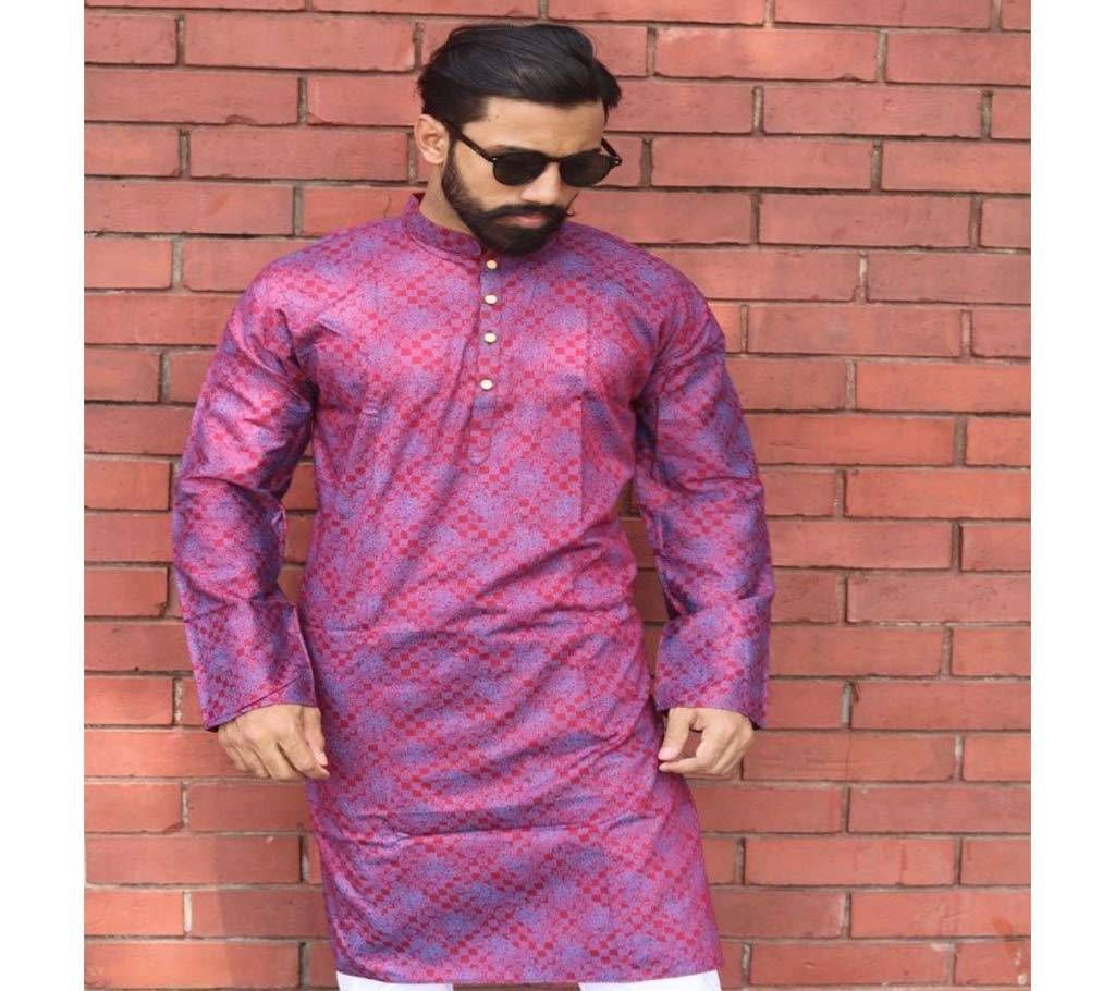 Menz Semi Long Panjabi  - Maroon Color With Blue Color Flower Print - 190219