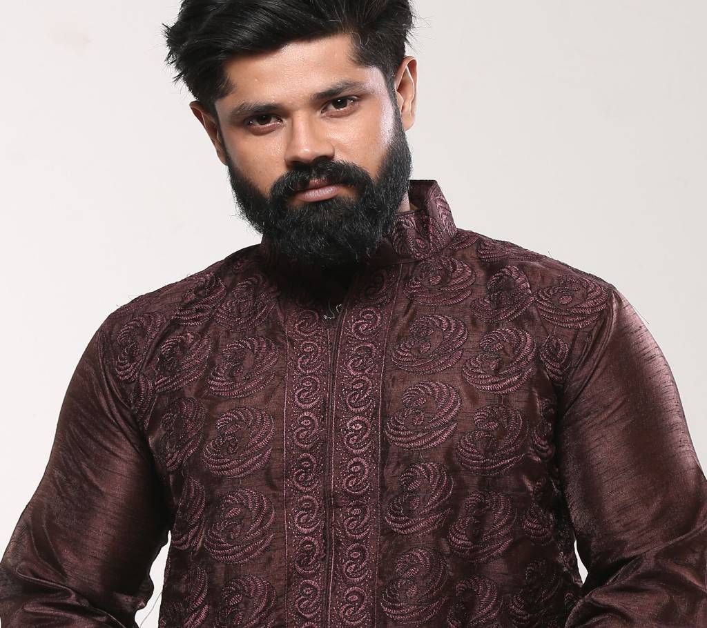 Mens Cotton Punjabi - Brown Silk Embroidery