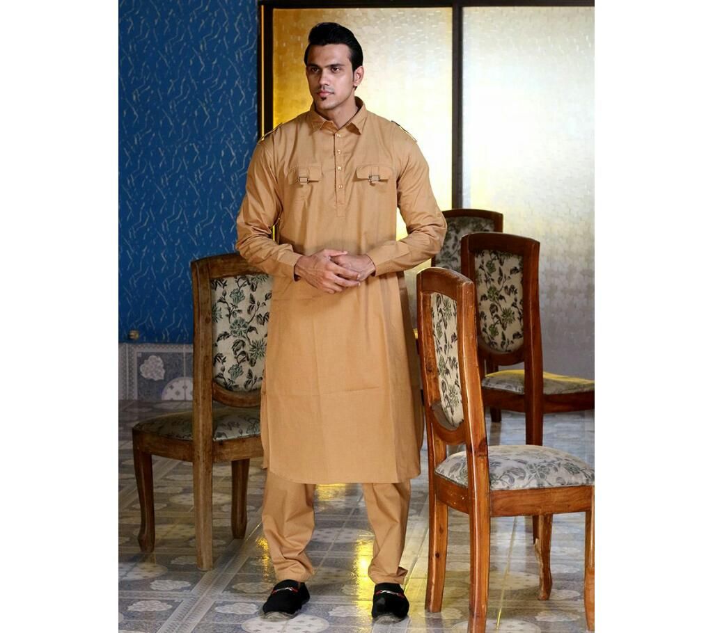 Bisque Ocher Men's Kabli Set Panjabi, Pajama