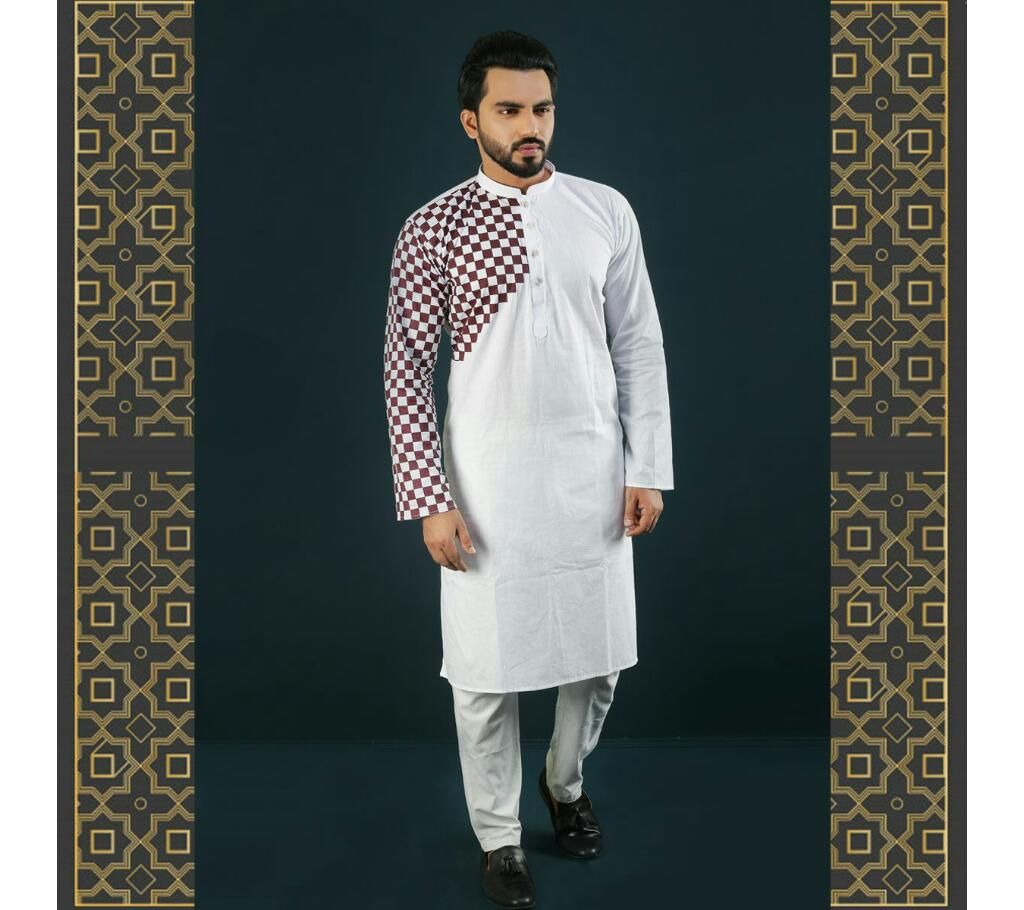 Eid Stylish Semi Long Panjabi White With Cream One Hand Side Design Color