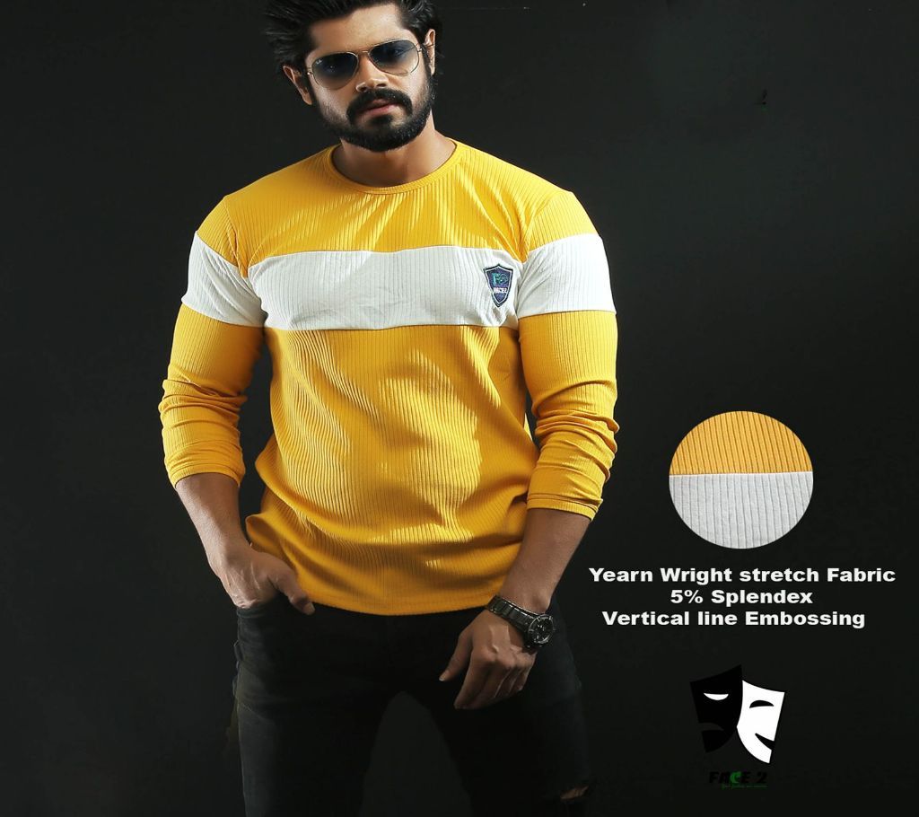 Mens Full Sleeve T-shirt - Yellow, White and Yellow Combination - FAS