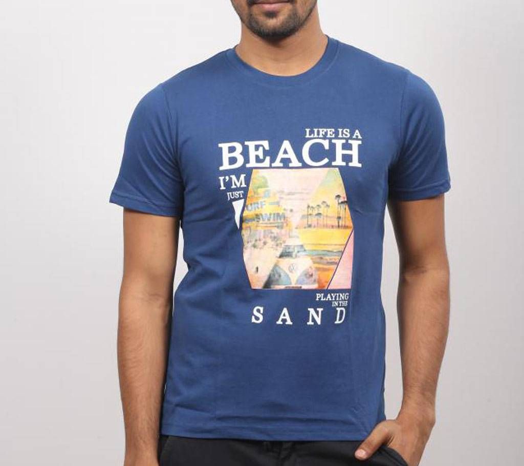Blue round neck cotton t-shirt for men
