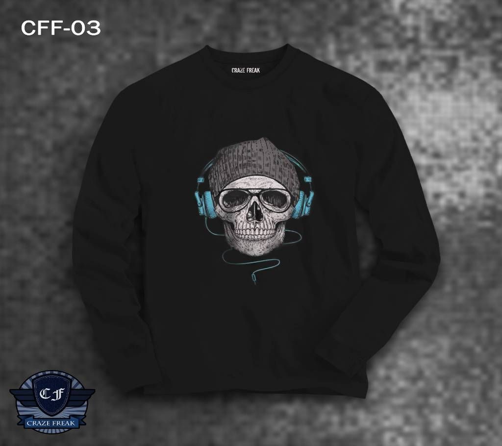 SKULL FULL SLEEVE BLACK COTTON T-SHIRT