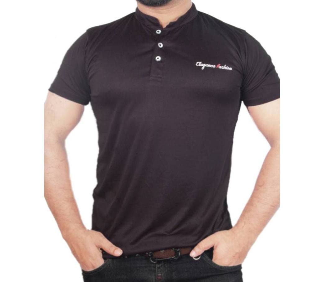 Exclusive Half Sleeve Band Collar T Shirt For Mens-Dark Black