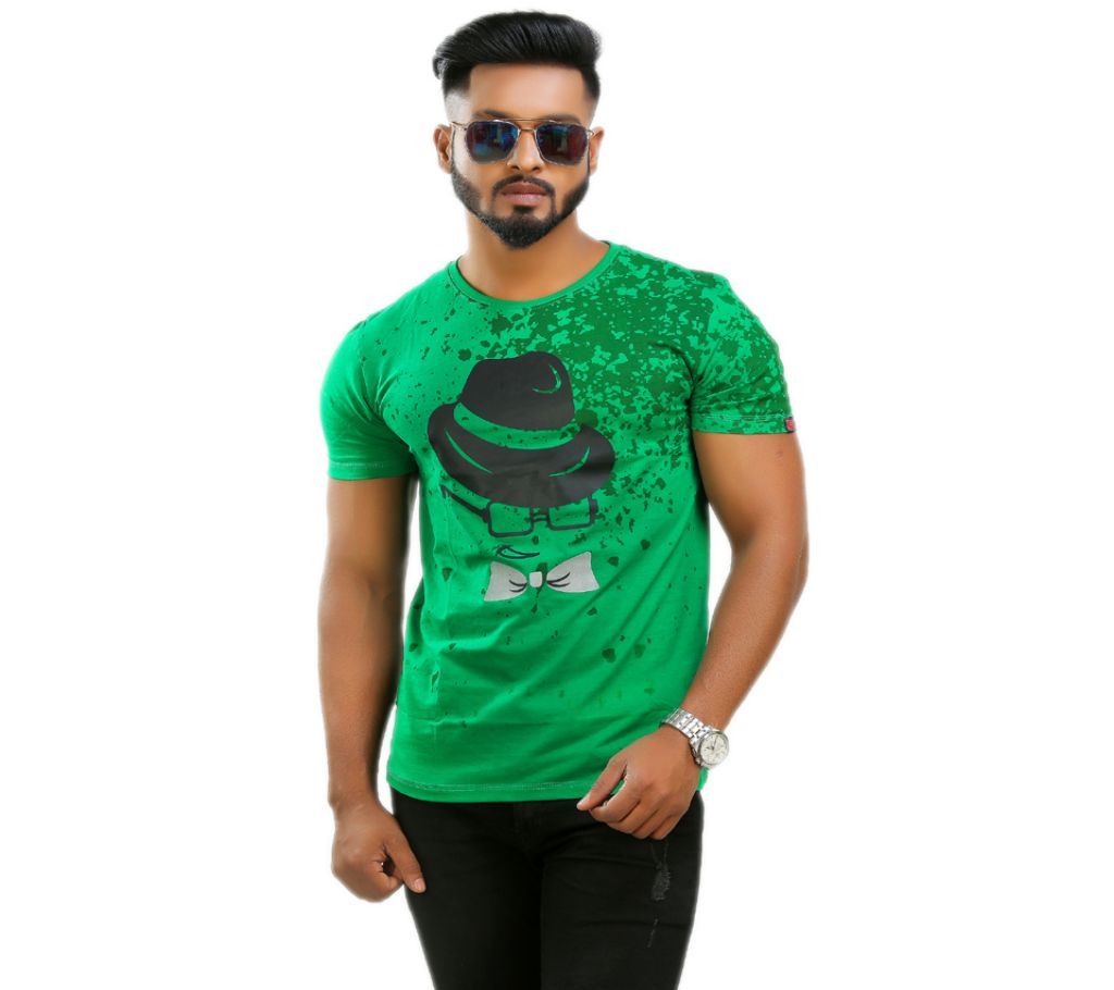 Cap Emoji Print Half Sleeve Cotton Regular Fit Mens Tshirt Green